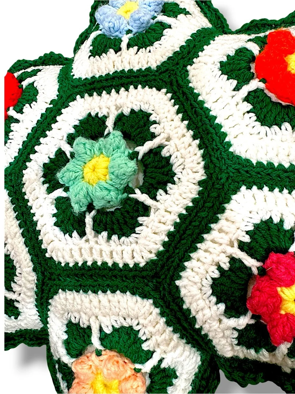 Vintage Handmade Crochet Flower Pillow | Retro Floral Throw Pillow | Boho